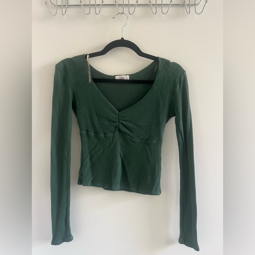 Green Waffle Knit Long Sleeve Top
